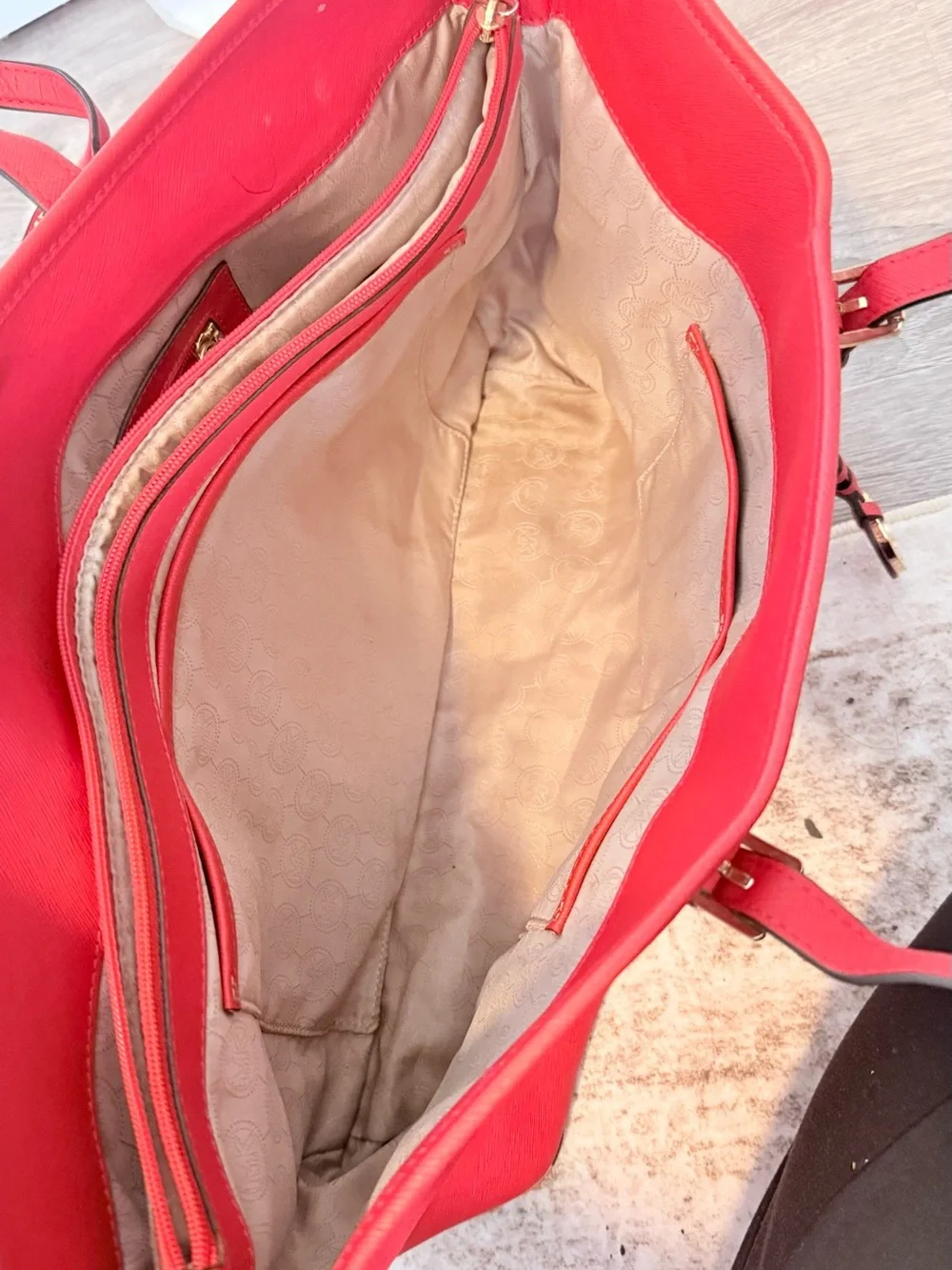 Michael Kors Bright Red Saffiano Tote with Gold Logo Charm